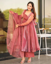 Lovely Pink Organza Foil Work Gown With Palazzo